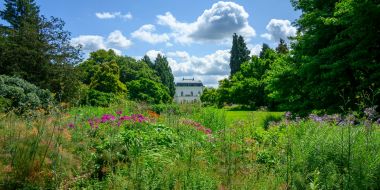 Zicht op het historische Vangeertenhof vanaf de bloeiende Oudolf Borders in Arboretum Kalmthout, zomerse dag.