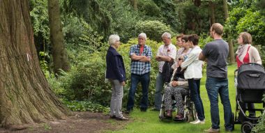 Een groepje bezoekers staat op het gazon aan de voet van een hoge boom te luisteren naar een gids van Arboretum Kalmthout, in de groep een bezoeker in rolstoel en een moeder met kinderwagen.